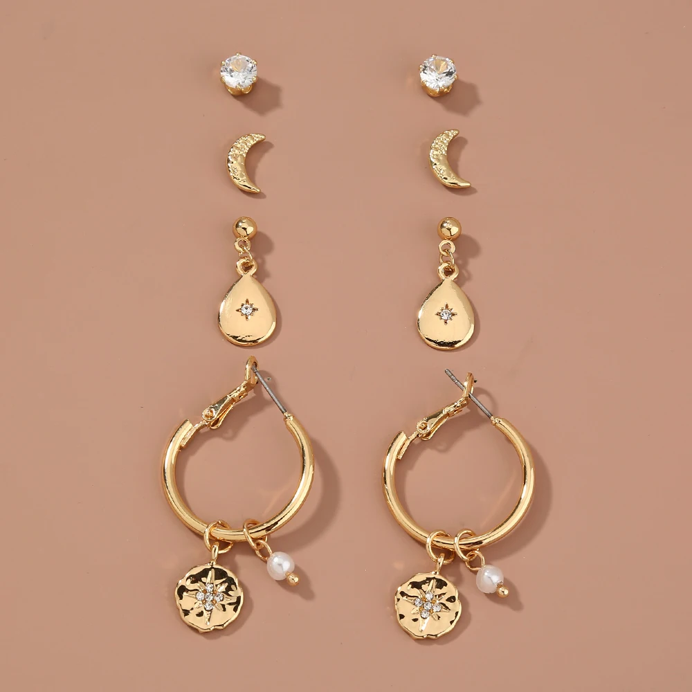 

4 Pairs Of Style Rhinestone Moon Star Teardrop Diamond Pearl Cuff Earrings Set Women Jewelry