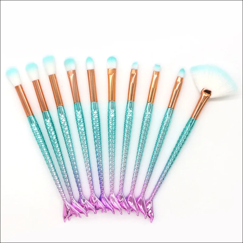 

Wholesale 10PCS mermaid EYE Makeup Brushes synthetic vegan Eye Shadow Eyebrow Eye Set brush make set up NO LOGO