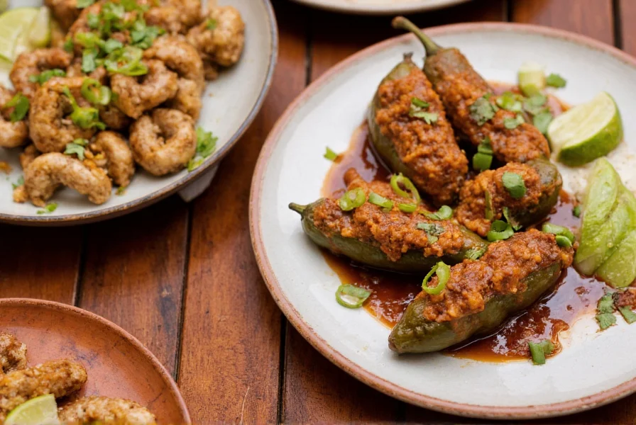 Traditional Mexican dishes featuring pasilla peppers in mole sauce and poblano peppers stuffed as chiles rellenos