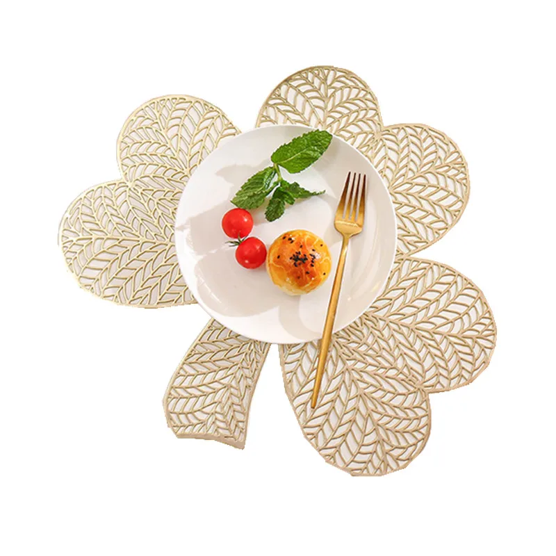 

2022 leaf shape placemats Clover hollow Gold &Silver Out Anti-skid Heat-insulation PVC Placemat For Table Mat sets dining, Gold/sliver