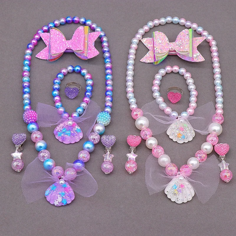 

New children's necklace bracelet set mermaid shell pearl necklace ring hair clip set for girl, Multi color