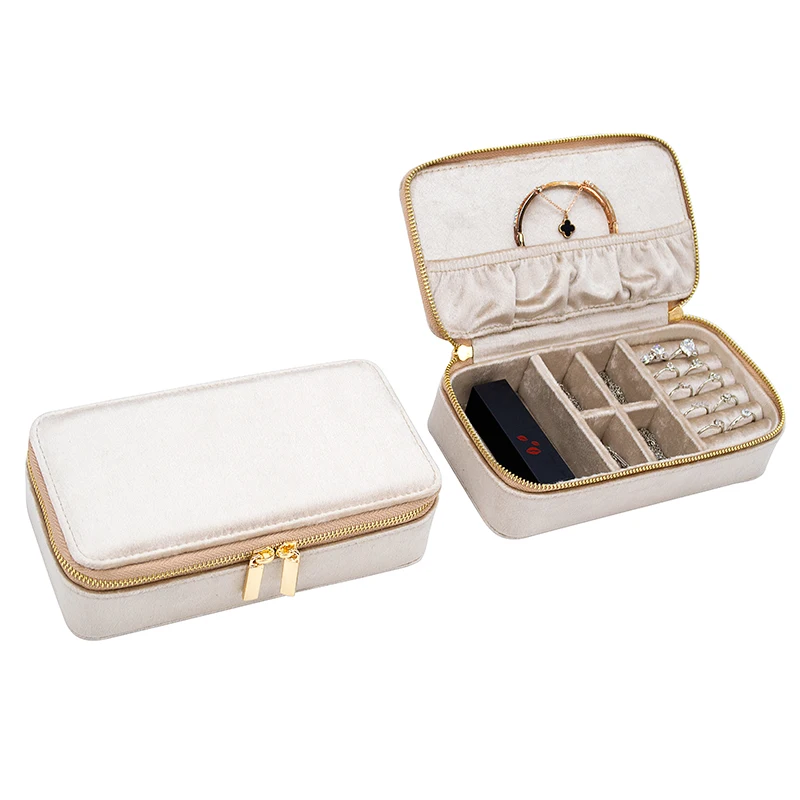 

Custom Logo Velvet Bangle Travel Jewelry Zipper Box Storage Organizer Jewelry Case, Beige