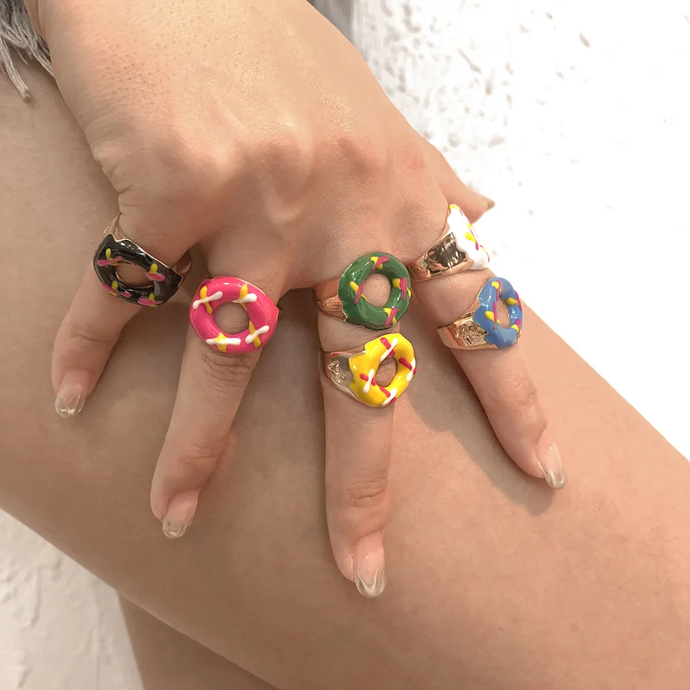 

OUYE New Painted Candy Ring Donut Opening Ring Male And Female Couple Imp 2021 INS Trendy Alloy Jewelry, Colorful