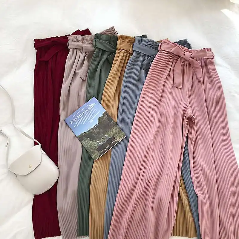 

2019 Guangzhou Factory High Waist Comfortable Trousers Fashion Baggy Women Wide Leg Pants With Bow