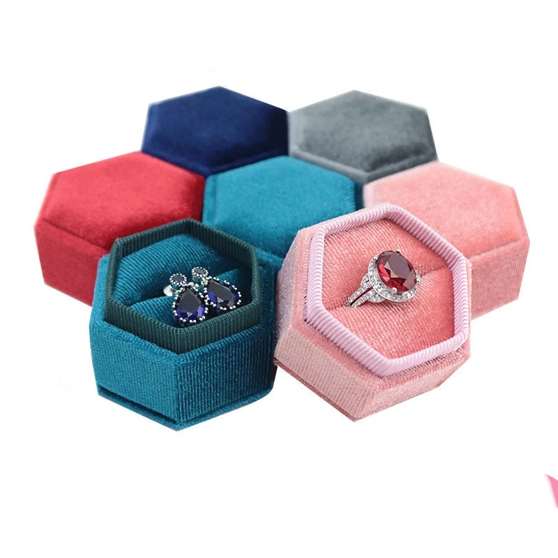 

Wholesale custom logo box packaging luxury double vintage mini hexagon velvet jewelry wedding ring box, Picture