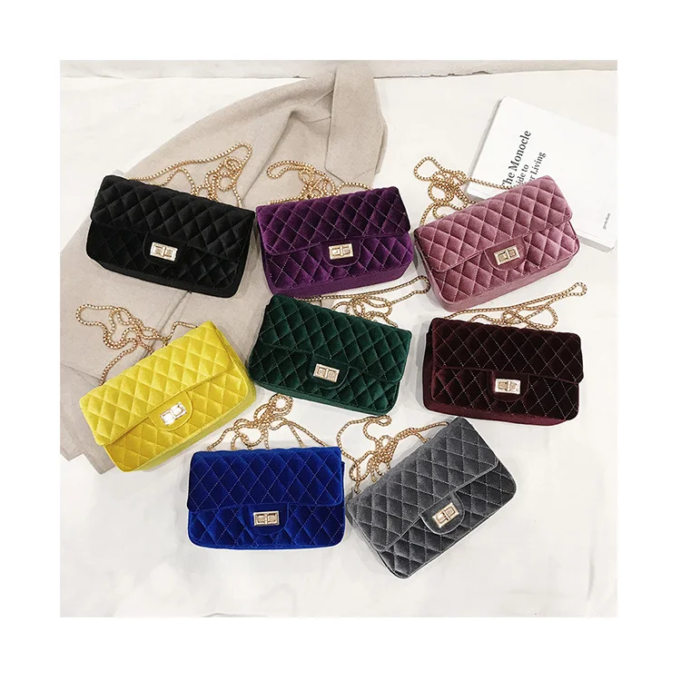 

Chic Velvet Diamond Lattice Handbag Women Trendy Quilted Chain Small Square Shoulder Bag Lady Luxury Velour Thread Crossbody Bag