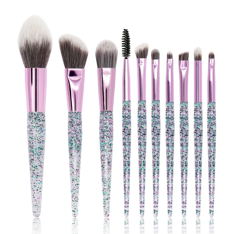 

1-7-28 wholesale private label rainbow crystal handle vegan make up makeup brush set, Pink/purple/green