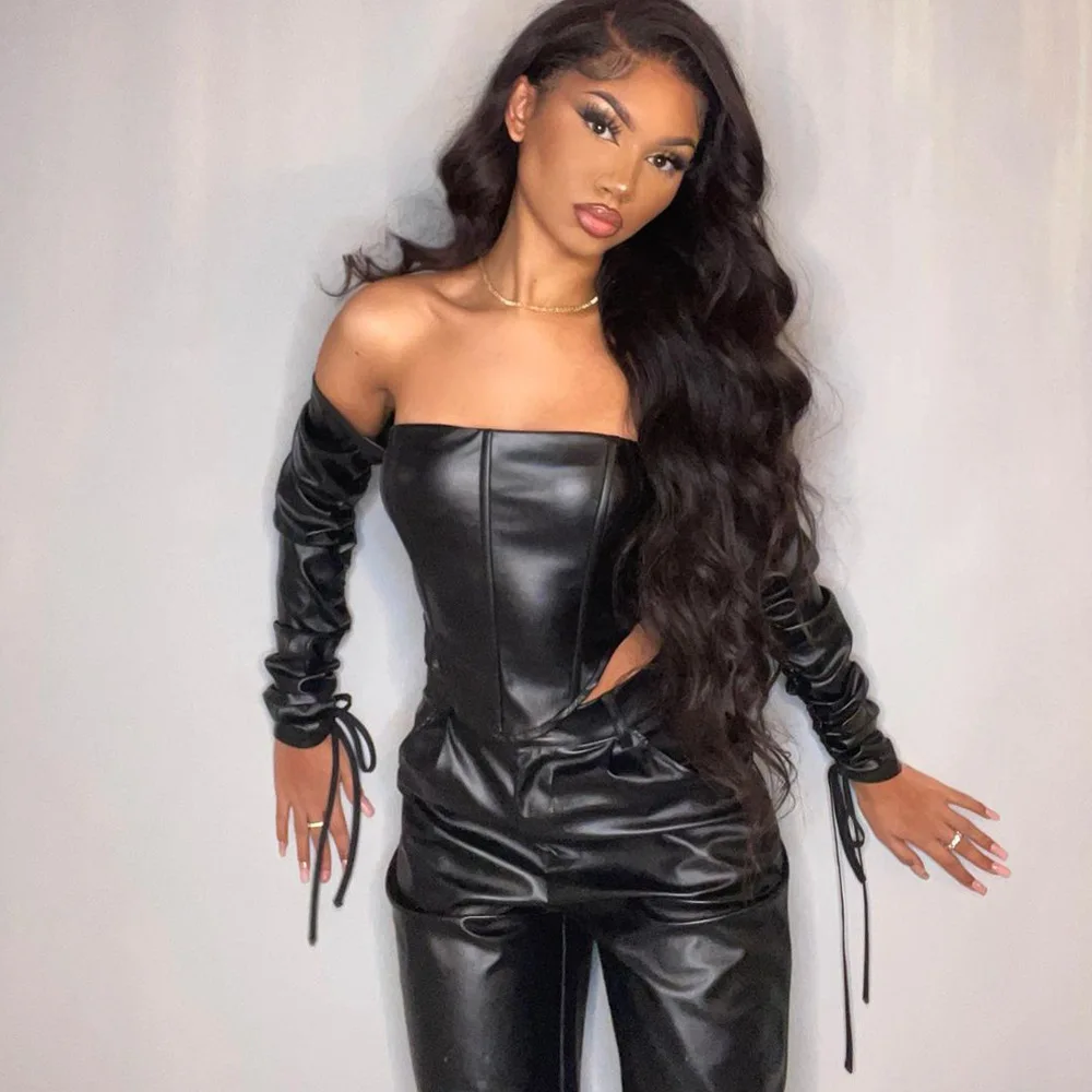 

Sexy Women Shoulder Leather Jacket Lantern Sleeves pant