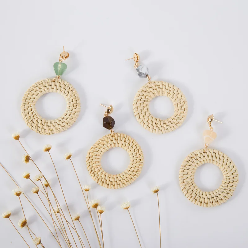 

Handmade Drop Earrings For Women Natural Wooden Long Round Earring Rattan Weaving Bohemia Jewelry bijoux, Colorful