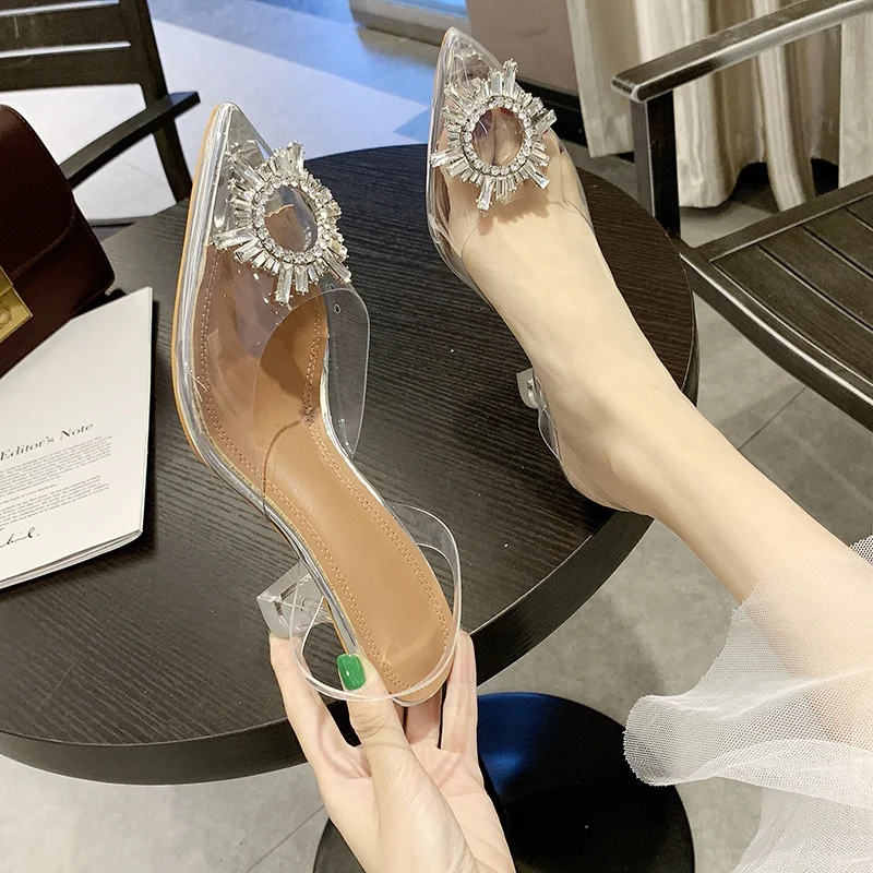 

Sandals Women 2019 New Transparent Word-Belt Water Drill Baotou High-heeled Shoes with Fine Heels Summer Women's Shoes