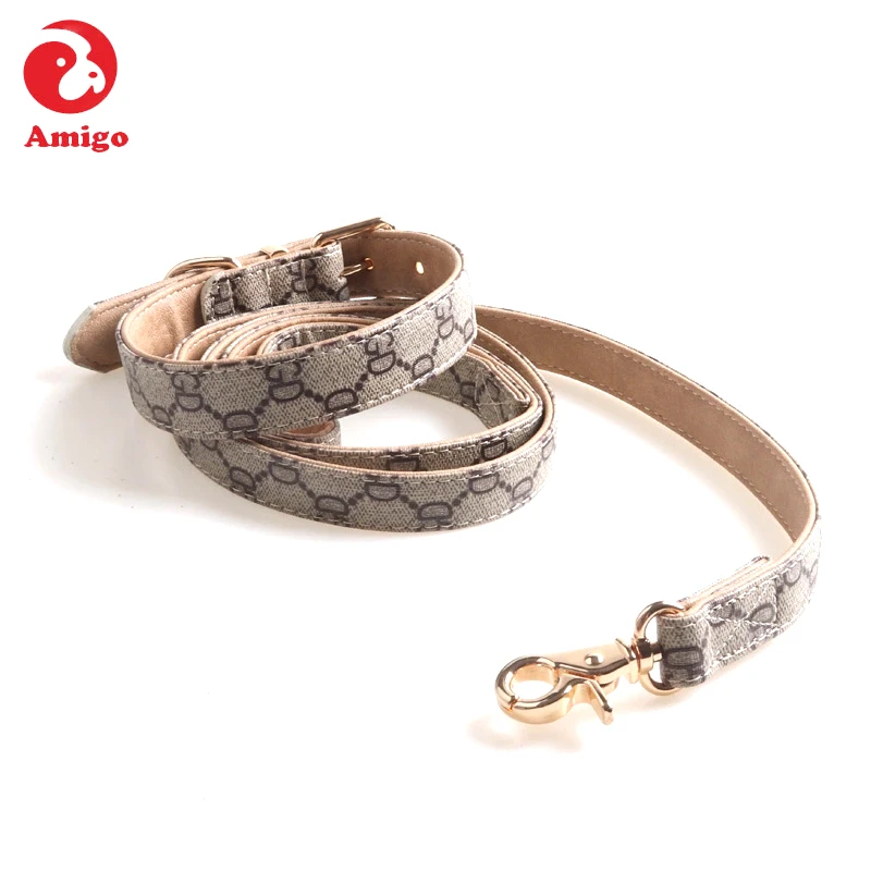 

Amigo high quality wholesale innovative custom soft waterproof luxury pu leather pet dog collar leash for medium large dogs, Blue/beige