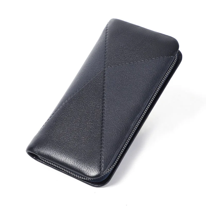 

High capacity zipper long genuine leather wallet for men, Black, blue