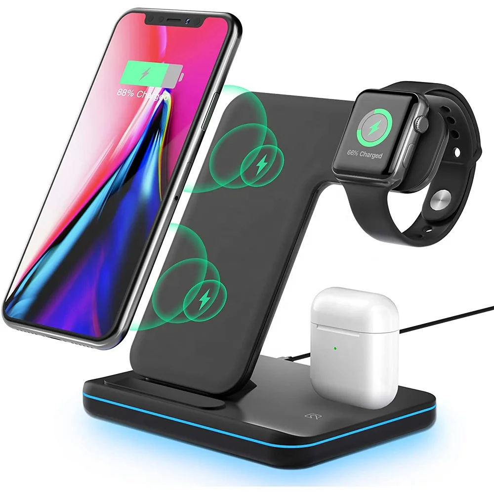 

3 In 1 Wireless Charger For iPhone 12 11/XS/X/Airpod pro/iWatch 5/4 Fast Charge Wireless Charge Stand 15W Qi Wireless Charger, Black, white