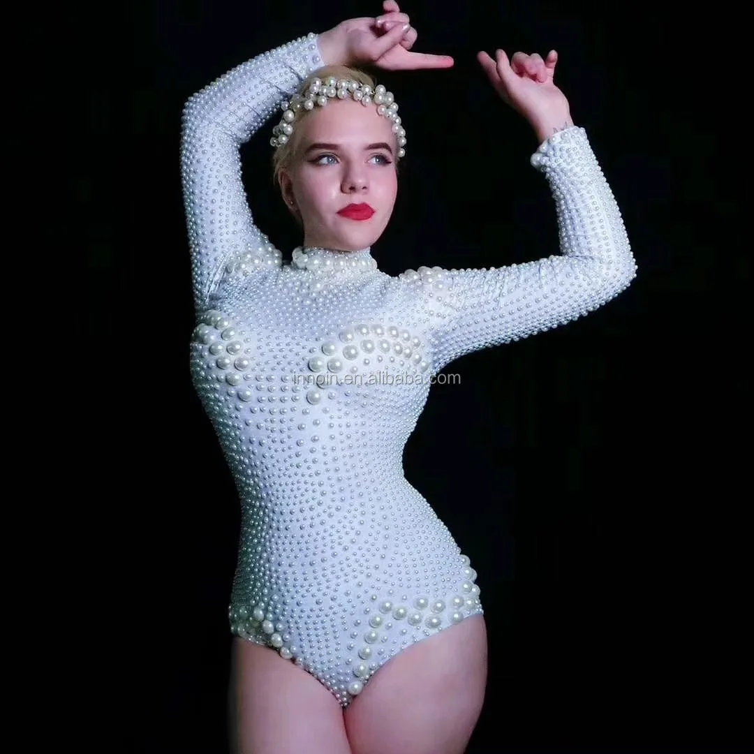 

Nightclub Sexy Stage White Pearls Leotard Women"s Dance Wear Prom Celebrate Outfit Bar Evening Women Dancer Outfit Bodysuit