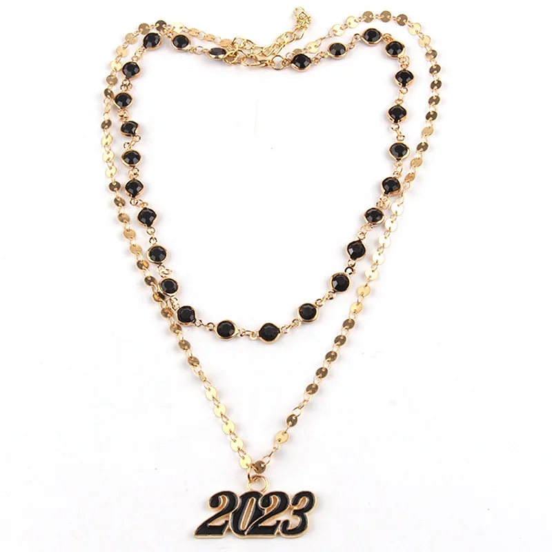 

2023 Creative Western 2 Layer Metal Chain 4MM Crystal Glass Natural Stone Necklace Alloy Number 2023 charm Pendant Necklace