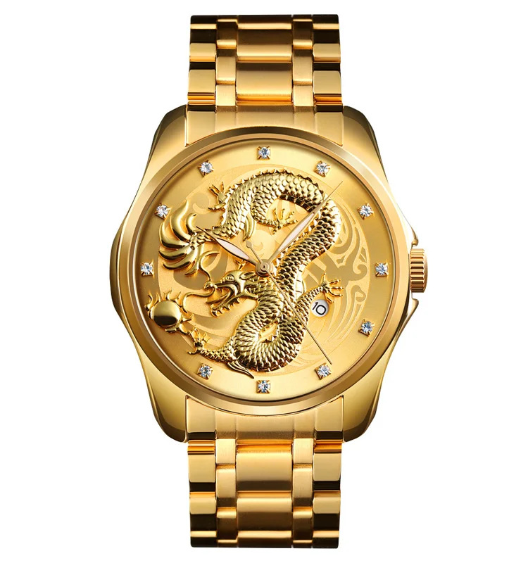 

SKMEI 9193 china dragon dial men watch luxury stainless steel quartz watch, 5 colors