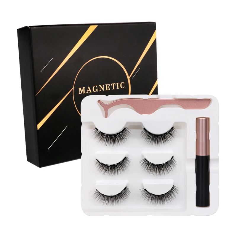 

3 pairs magnetic eyelashes set with magnetic eyeliner magnetic lashes glues waterproof, Natural black