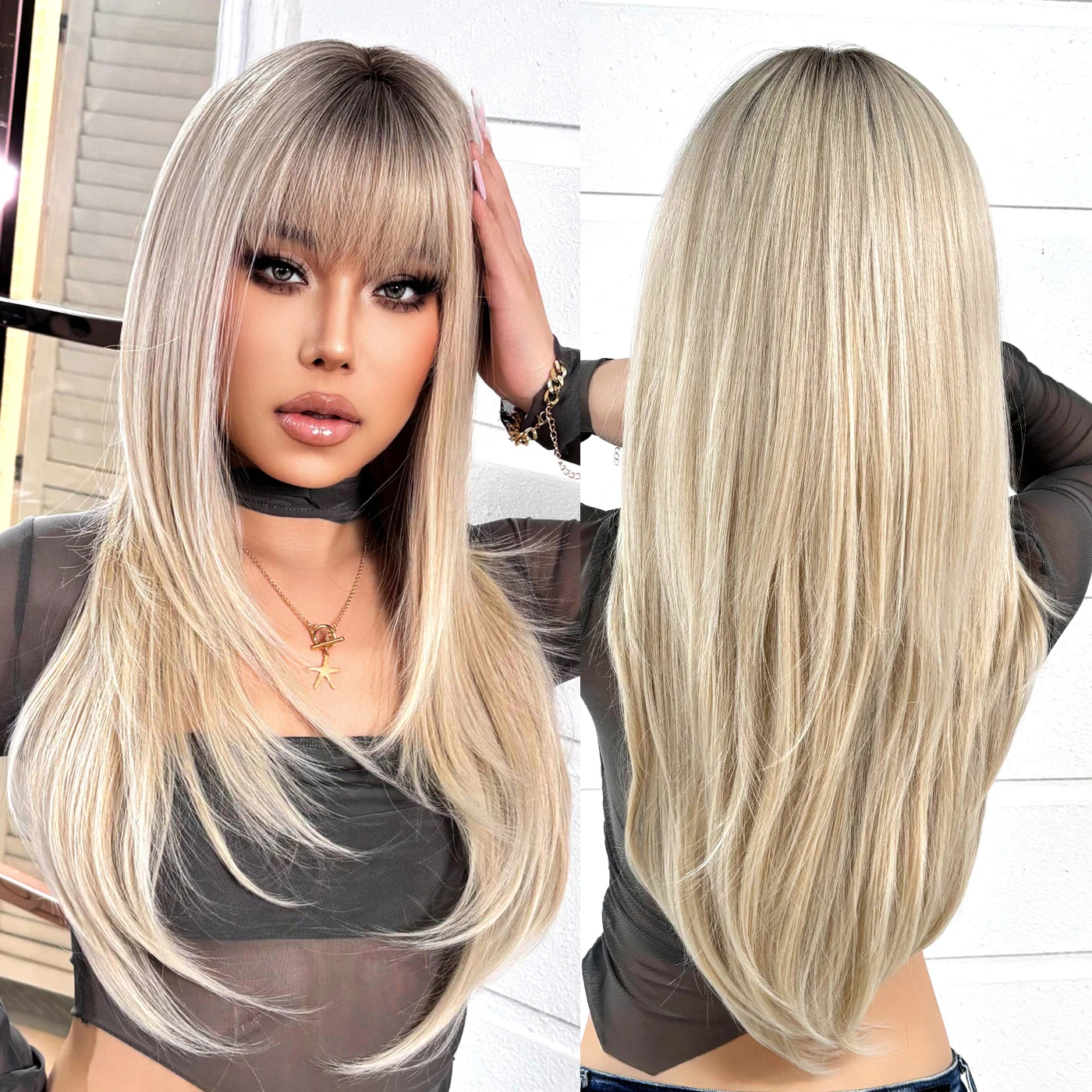 Wholesale Long Straight Wig Blonde Gradient Synthetic Wig High Density Heat Resistant Anti Hot Fiber Durable Matte