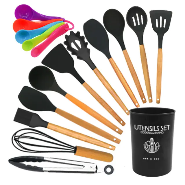 

Best Quality 17 pieces Silicone Cooking Kitchen Utensils Set Natural Wood Handle BPA Free Non Toxic Kitchen Accessories Tool, Gray,purple,pink,blue,black,green,red