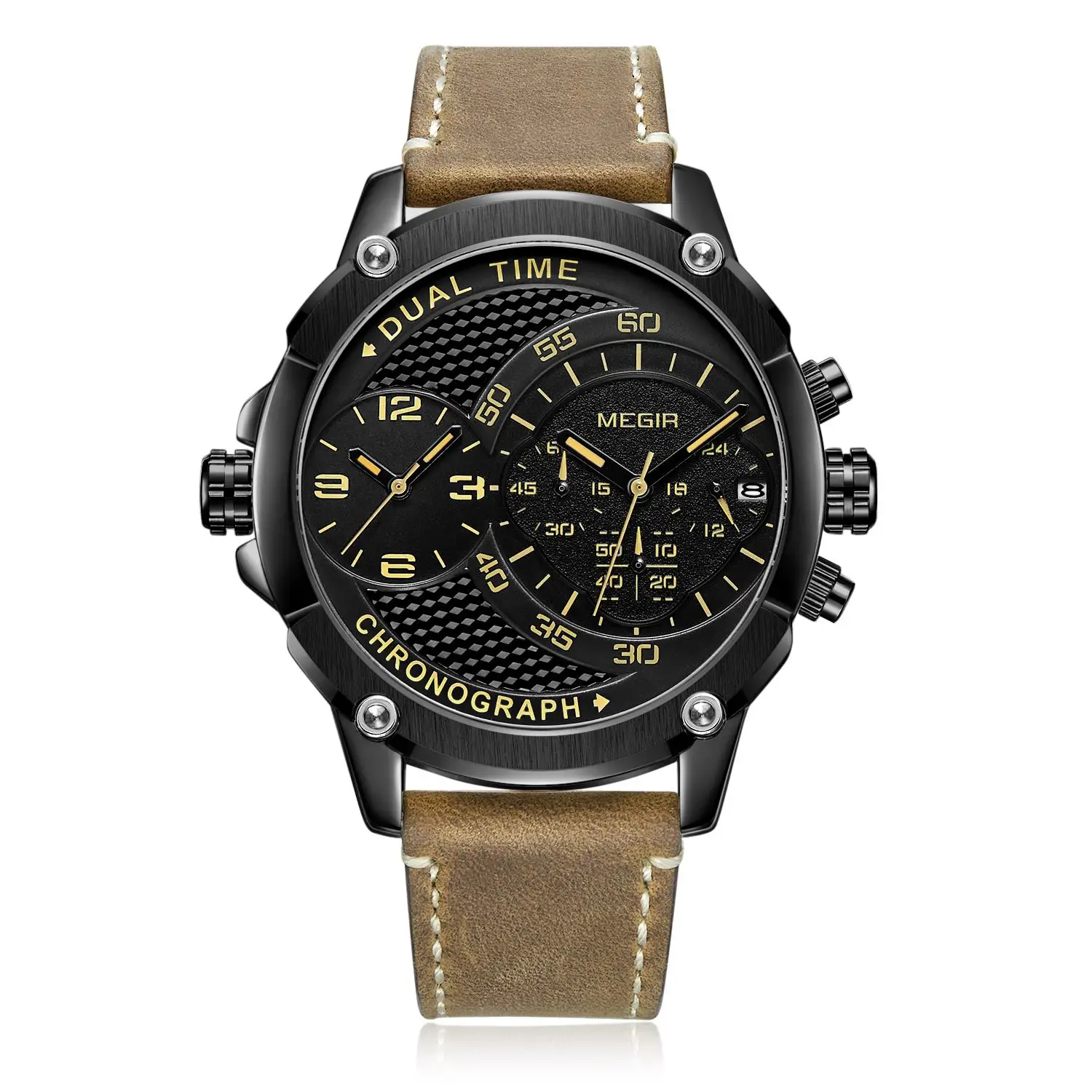 

Luxury Fashion Vintage Custom Mirar Classic Dual Time Movement Multifunction Leather Wristwatch Quartz Watches Reloj De Pulsera