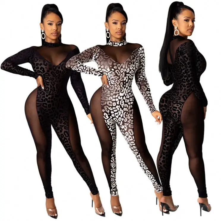 

MD-20122211Latest Design Ladies Fashion Sexy Rompers Long Sleeve One Piece Jumpsuits Women 2020 Mesh Print Jumpsuits And Rompers