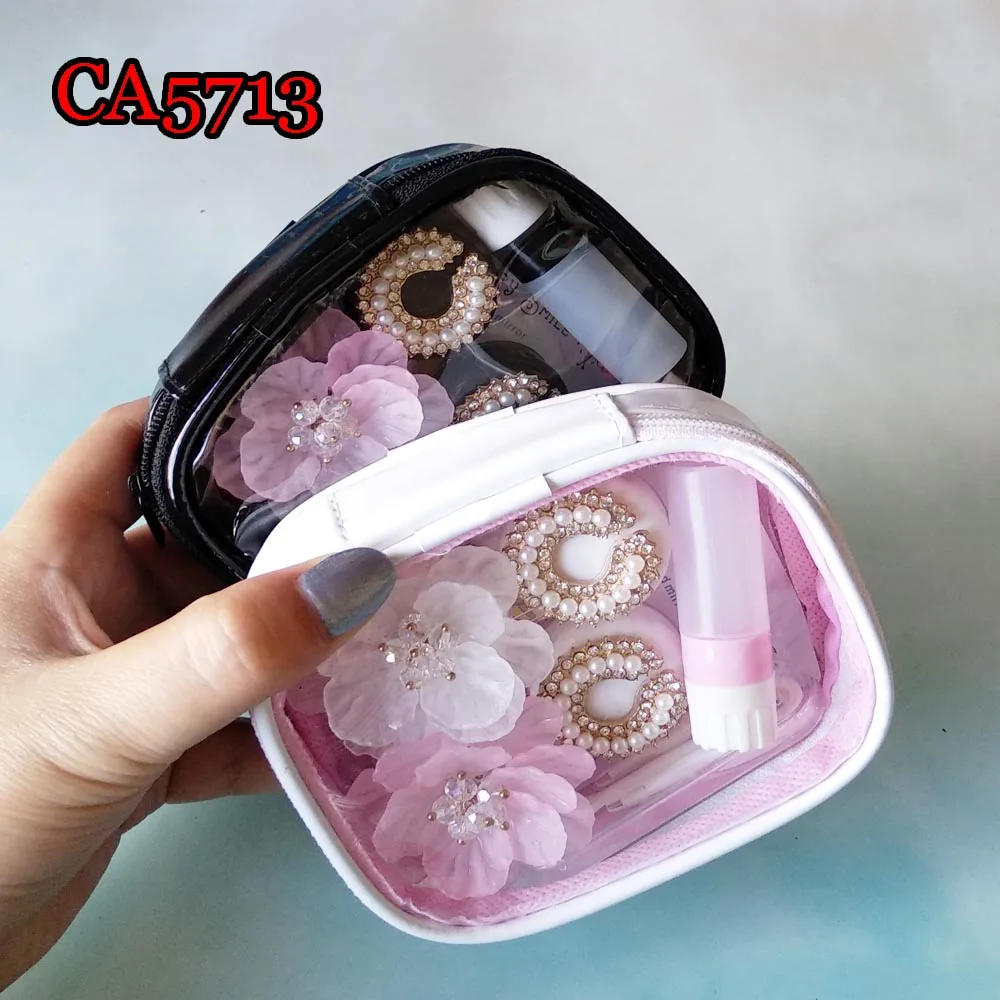 

crystal flower and pearl 2pairs contact lens case, travel box with pu bags CA5713