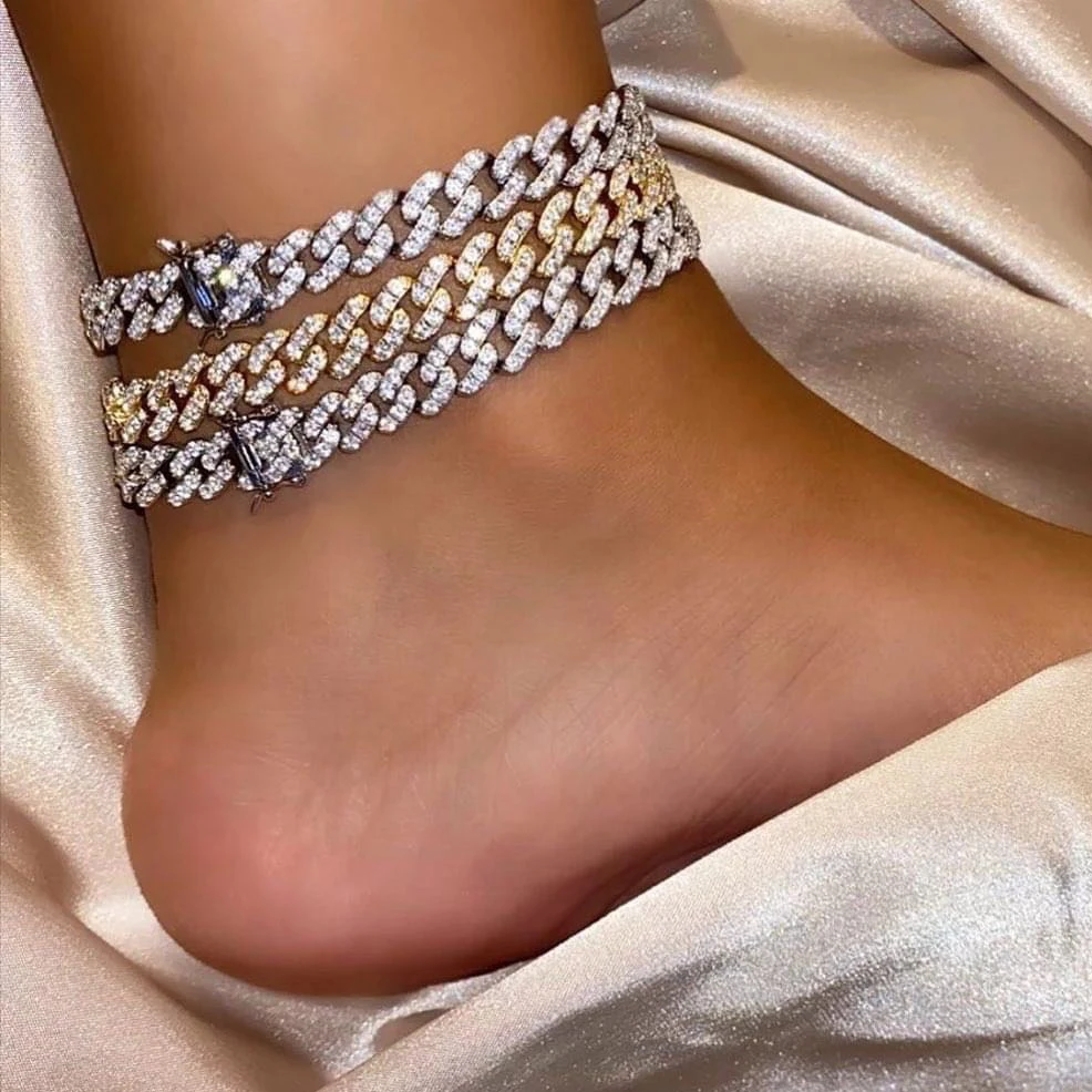 

TOP ICY Mini Butterfly Cuban Link 8mm Pink Cuban chain Anklet Cz Punk Miami Link Bling Bling Hip Hop iced out Anklet jewelry, Gold/white gold/rose gold