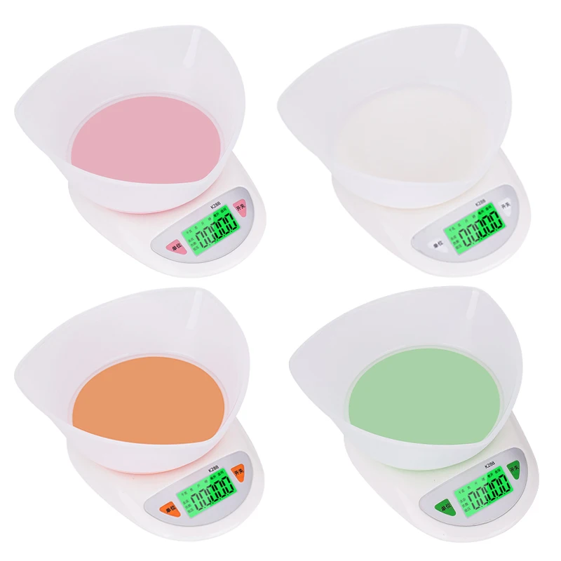 

5kg LED Electronic Digital Family Nutrition Kitchen Food Scale With bowel, White pink orange green