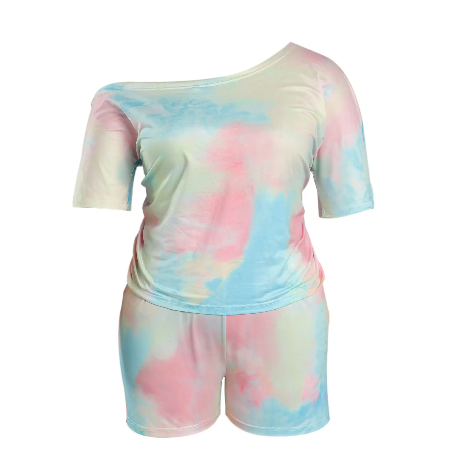 

AOLA 2021 Spring Summer Plus Size Polyester Spandex Women Clothing Shortsleeve And Shorts Tie Dye Tank Top Set