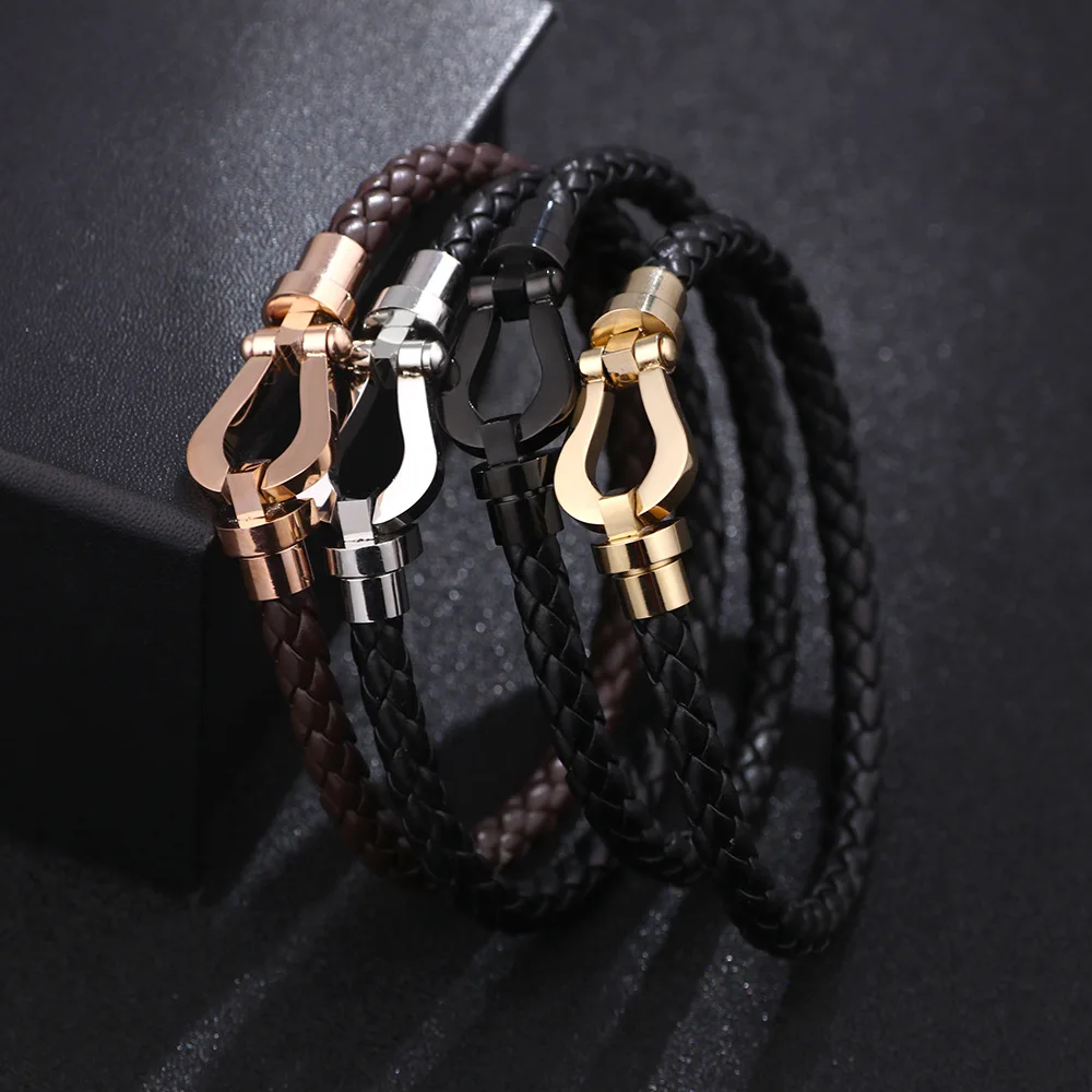 

Leather Stainless Steel Bracelet for Women Jewelry Fashion Cuff Bracelet with Hooves Buckle Non-Adjustable Leather Bangle, 4 colors