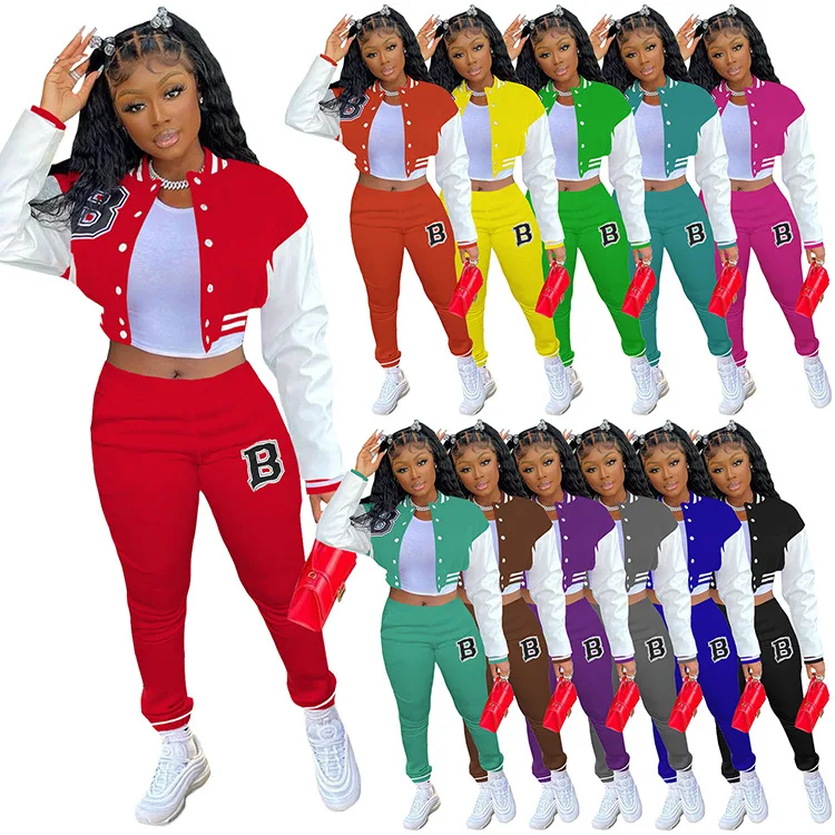 

2021 Fall Gym Fitness Sets Women Two Piece Patchwork Tracksuits Two Piece Woman Baseball Tracksuit Jersey Set, 12 colors