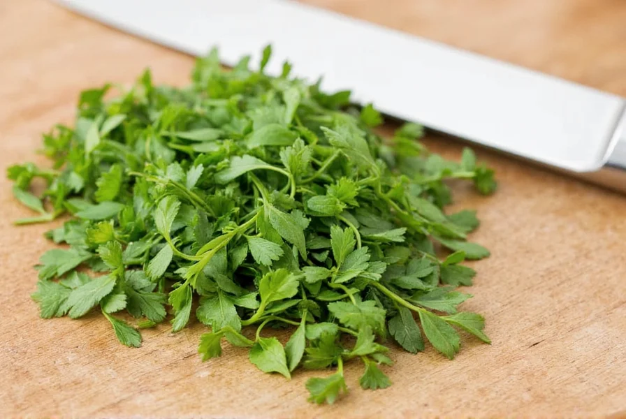 Coriander herb plant growing in garden soil with close-up of lacy leaves