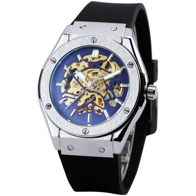 WINNER Military Sport Watch Steampunk Men Auto Mechanical Blue Skeleton Dial Rubber Strap 3D Bolt Design Fashion montre homme