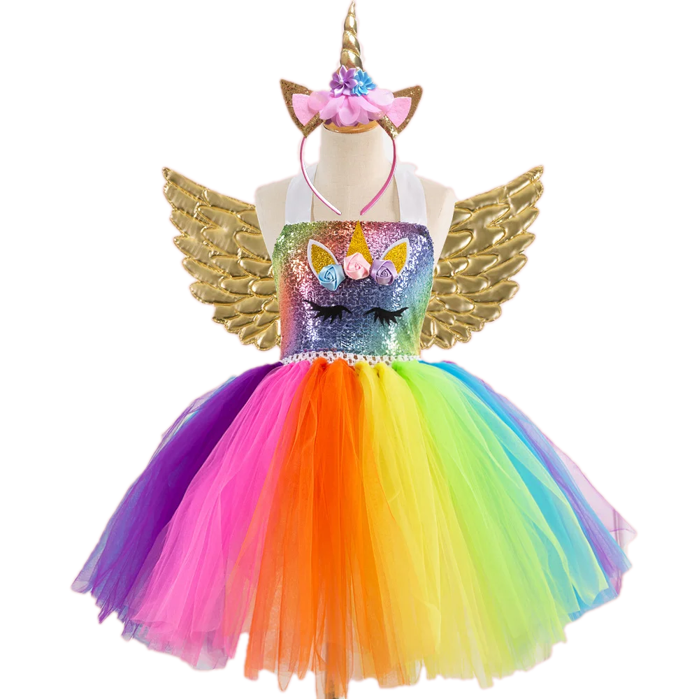 

Hight Quality Sequined Unicorn Mermaid Princess Rainbow Tutu Dress Girls 2021 With Free Angel Wings And Headdress, As picture