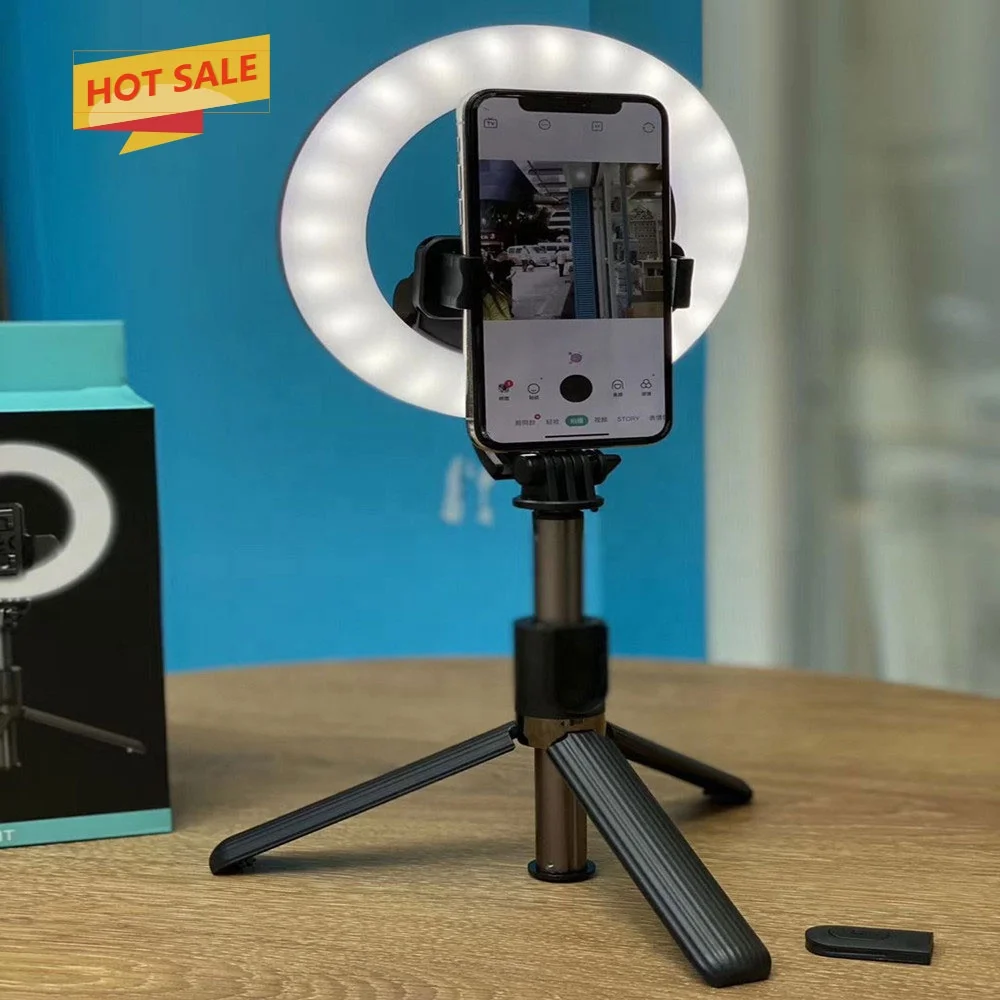 

2020New arrival L07 Adjustable Brightness Fill Ring Light Selfie Stick suitable phones Wireless Remote Selfie Stick tripods L07, Black