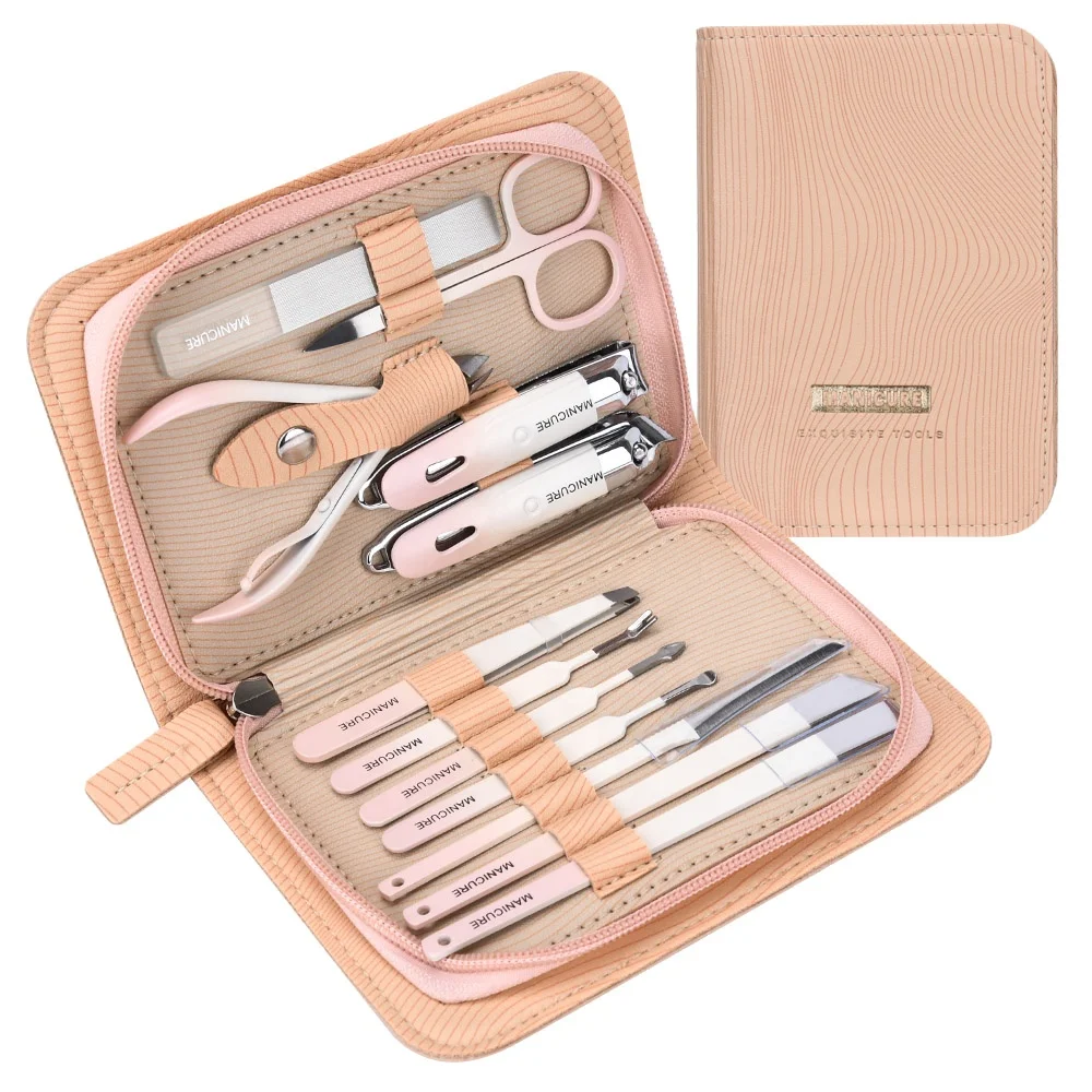 Hot Sale Luxury 12PCS Durable Portable Manicure Pedicure Kit Gradient Pink Carbon Steel Personal Care Grooming Set for Women Men