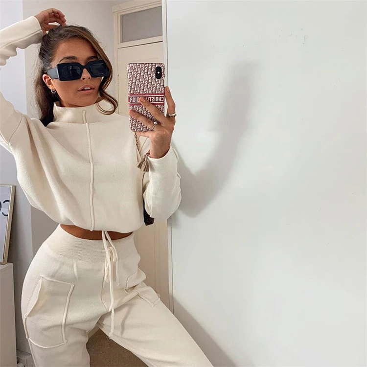 

2021 New Ladies Cotton Sweat Sets Solid Color High Collar Pocket Autumn Women Two Piece Pant Set, Customized color