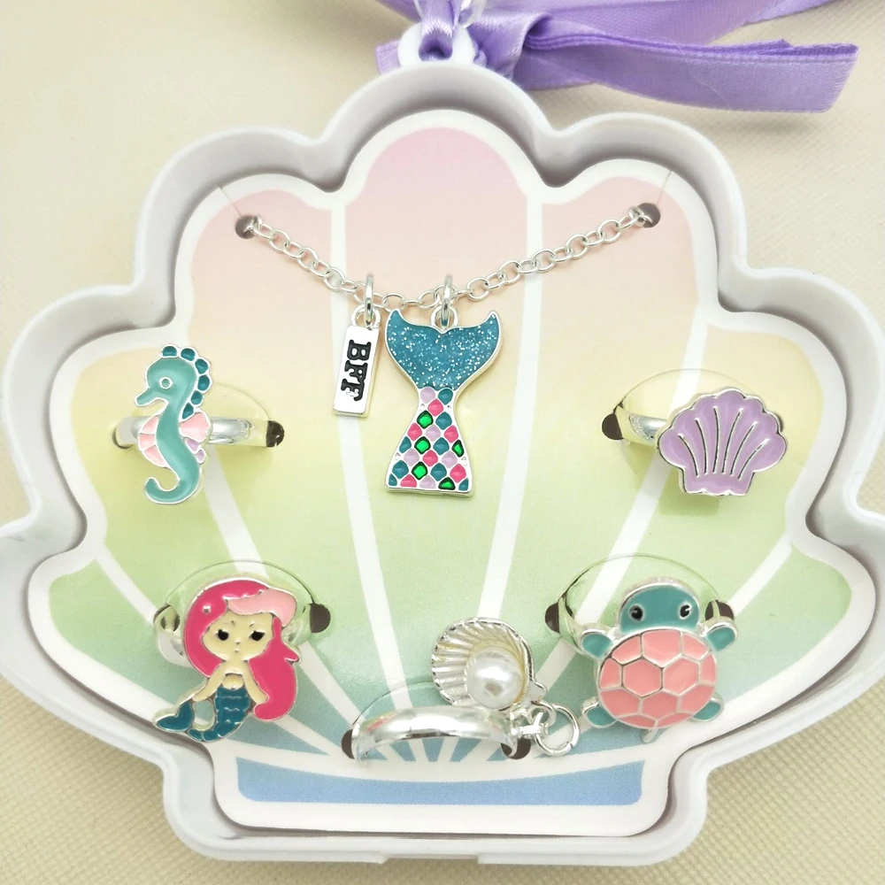 

Children's Mermaid Necklce and ring Set with shell case Mix adjustable Finger Jewellery Rings, As the picture