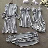 

Newest Five Pieces Night Pajamas Set Lace Satin Loungwear Flower Silk Sexy Sleepwear for Ladies