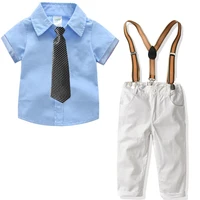 

2020 summer woven boys tie short sleeve shirt white strap trousers children clothing set