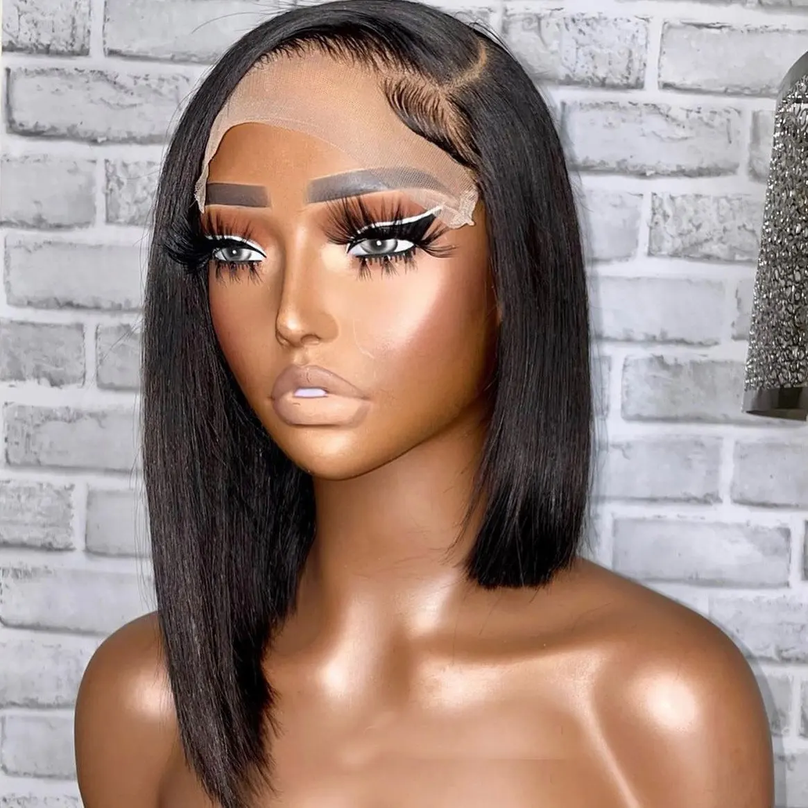 

150% density C part lace front wigs 100% Human virgin Hair Wig 10inch black straight short bob transparent lace front wig