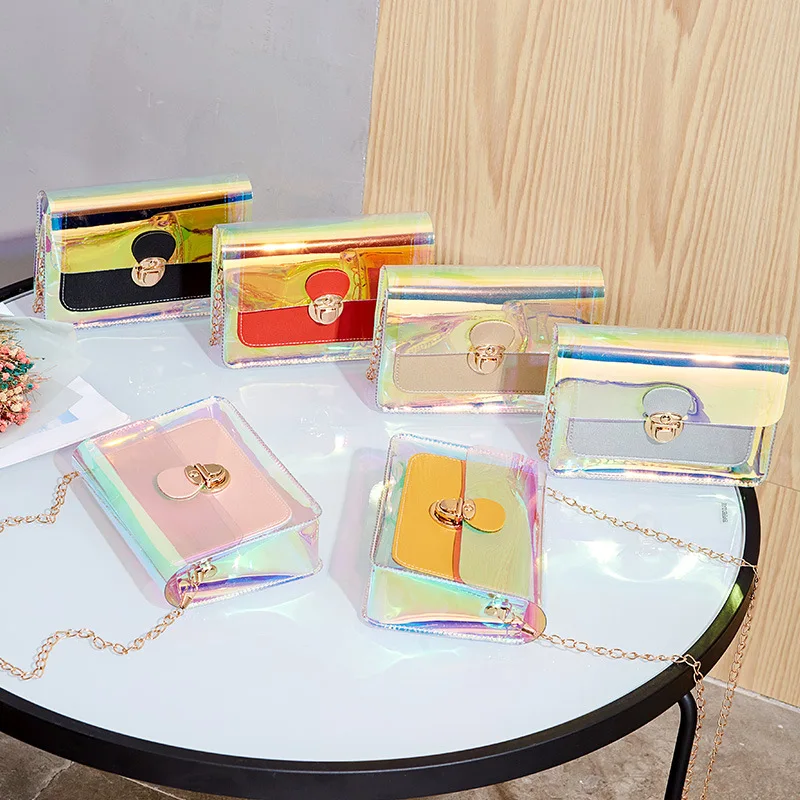 

Luxury crossbody rainbow holographic girls chain purse clear transparent pvc women jelly purse, Yellow/black/pink/golden/silver/orange