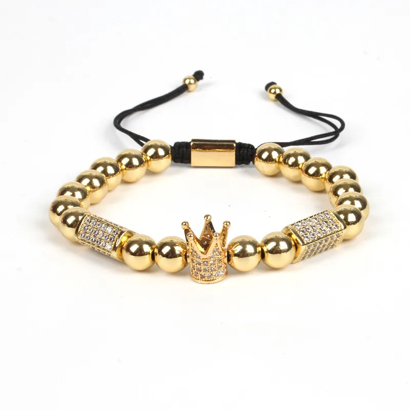 

Luxury Handmade Adjustable 18K Gold Plated 8mm Copper Bead Geometric Zircon Beads Crown Macrame Bracelet