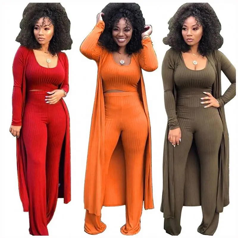 

Trending Solid Casual Long Coat Woman Outfits Jumpsuit Ribbed Knit 3 Piece Set Women Clothing Plus Size Fall 2022 Women Clothes, Picture color