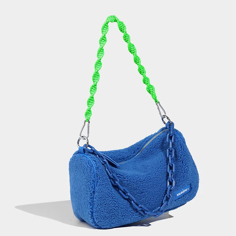 

Fashion chain candy color plush winter bag for women plush hand bags faux fur shoulder underarm ladies handbag