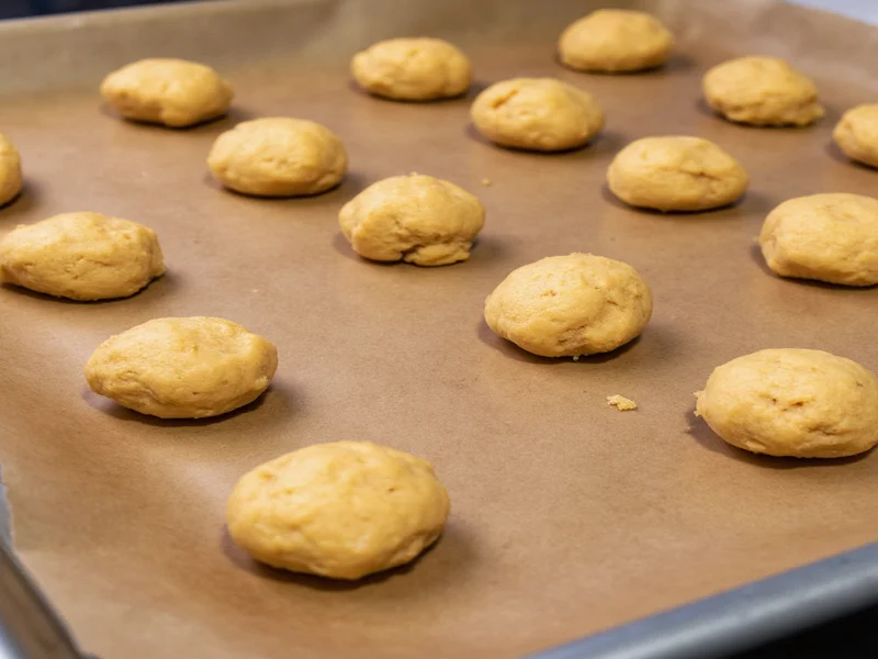 Uniform peanut butter cookie dough portions on baking sheet