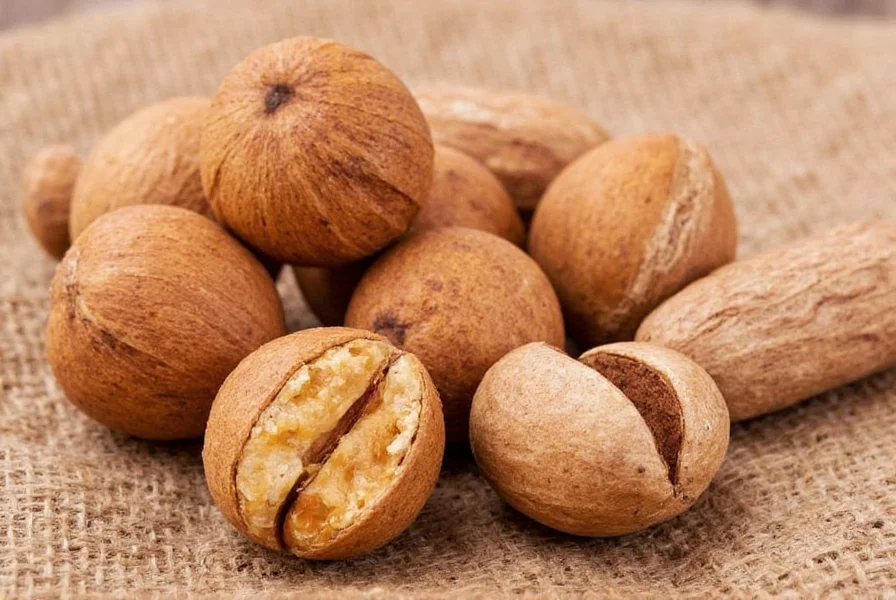Nutmeg seeds next to common tree nuts showing visual differences in size and texture