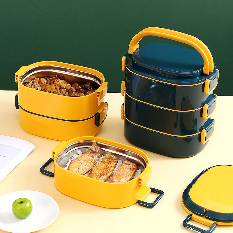 

High Quality Lunch Box Kids Multi Layer Lunch Box Food PP And 304 Stainless steel Custom Reusable Lunch Box Microwave, Yellow/blue