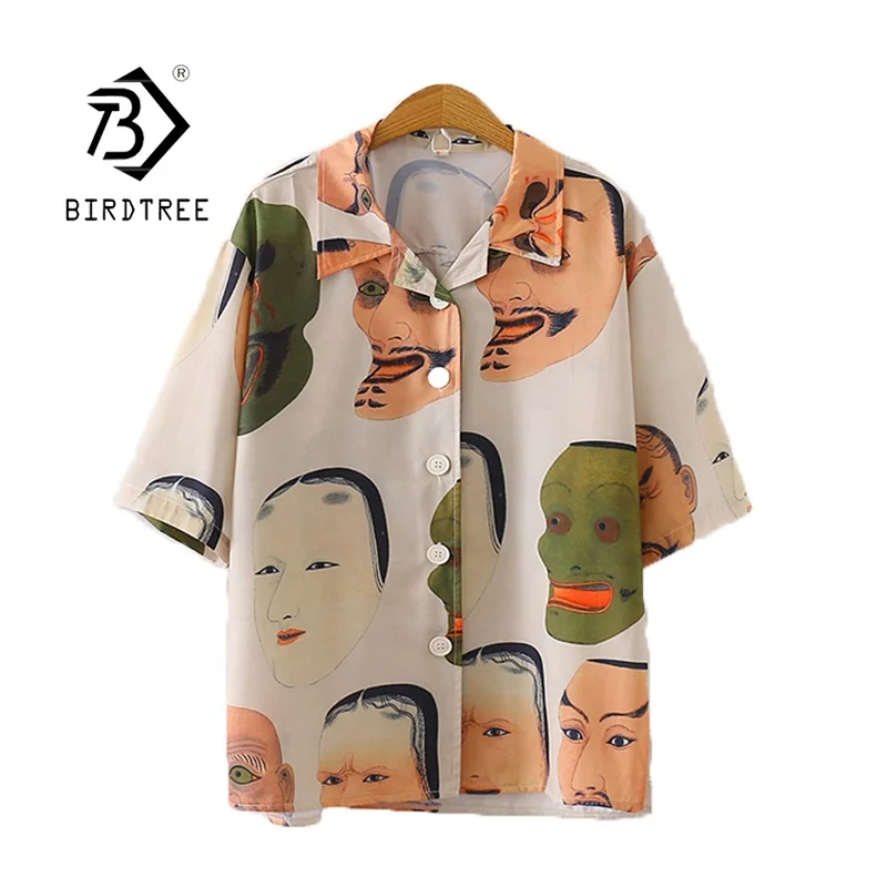 

New Vintage Loose Buttoned Summer Face Printing Women's Shirt For Ladies Clothing Casual Blouses Tops T07015B