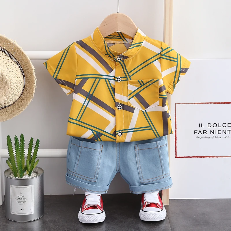 

Summer boy stand-up print shirt short sleeve new dress + denim shorts set beautiful boy shirt for children Striped shirt